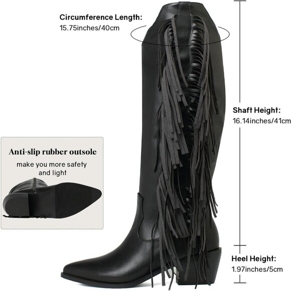 Women Black Synthetic Fringe Tassels Pointed Toe Knee High Western Cowgirl Boots - Picture 2 of 7